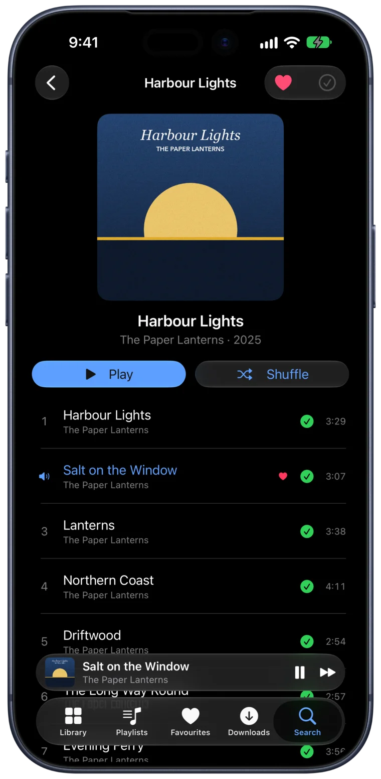 An album's track list in Dromify on iPhone