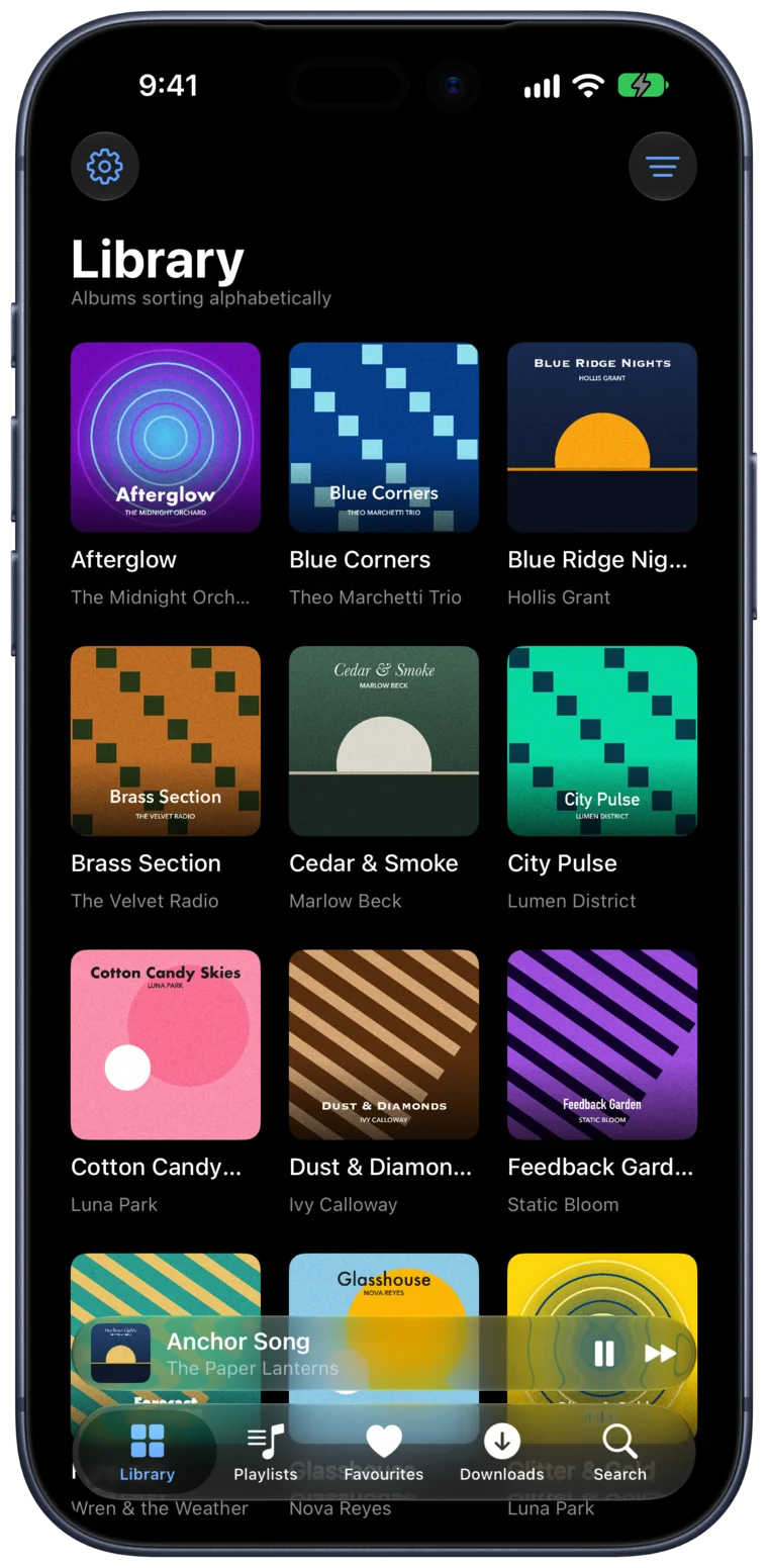 Dromify library on iPhone, a grid of album covers
