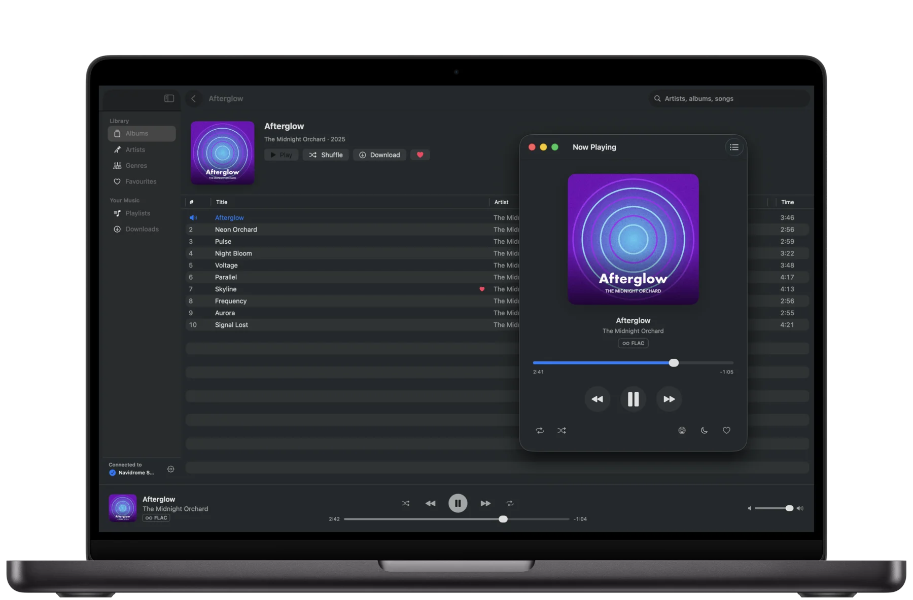Dromify on Mac, an album's tracks with the Now Playing window open